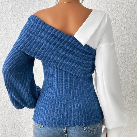 Color Block Asymmetrical Neck Lantern Sleeve Top black white - Picture 2 of 5